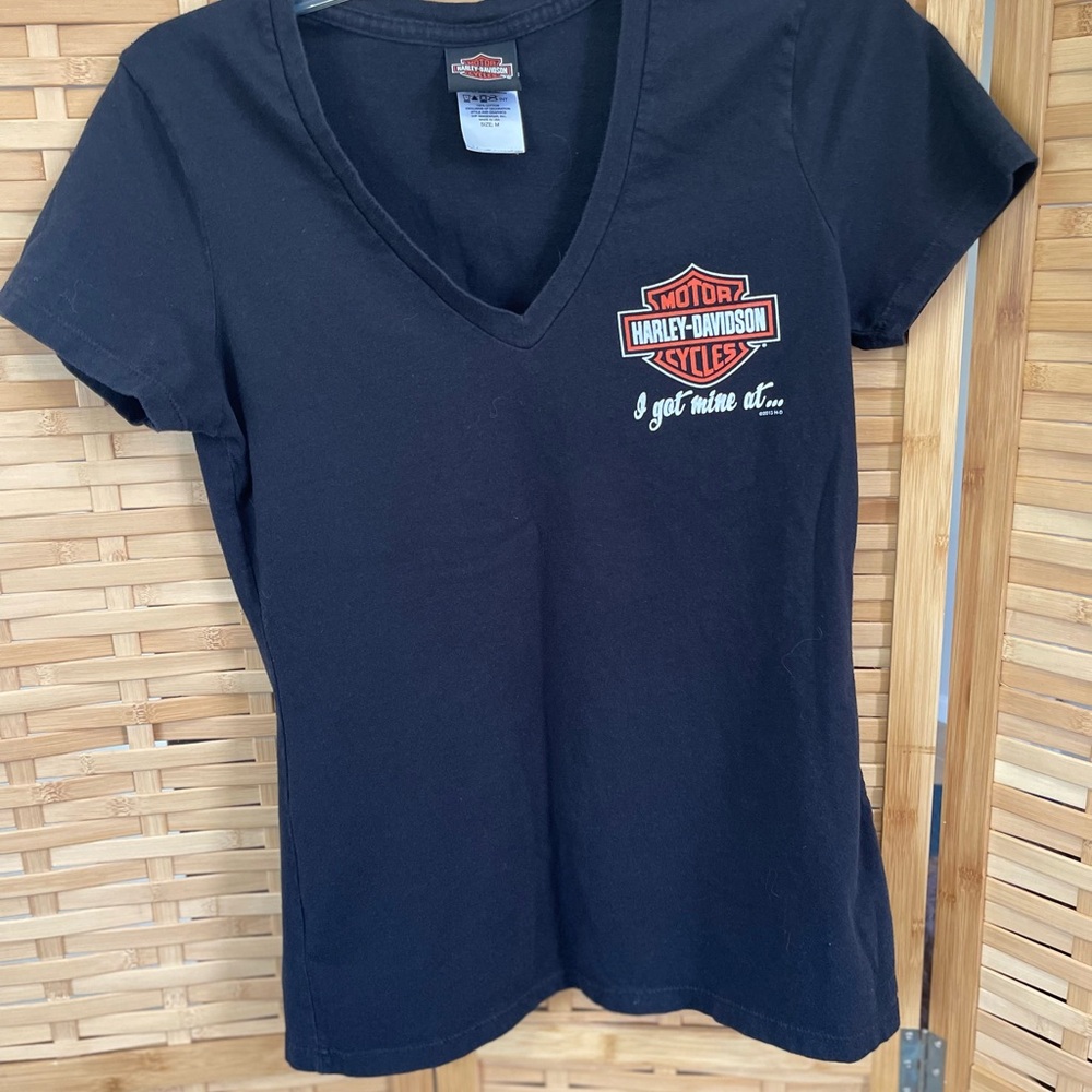 Harley Davidson Women's V Neck Black Shirt I Got Mine Piqua Ohio Medium EUC